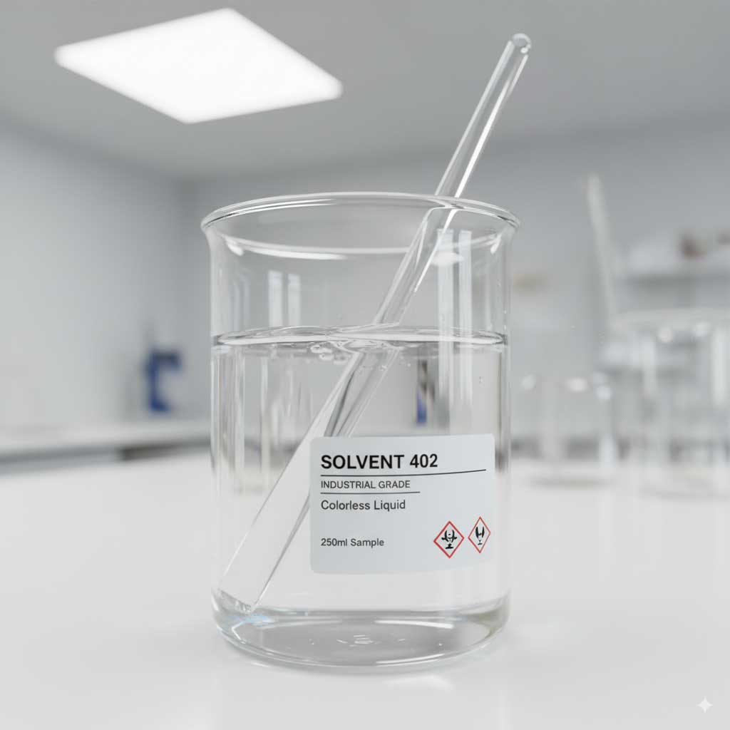 Colorless Solvent 402 liquid in a glass container
