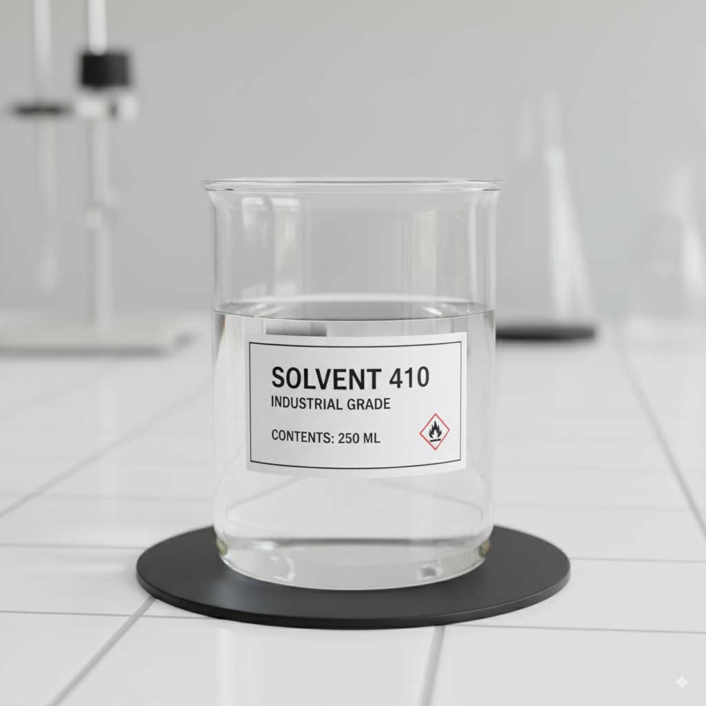 Colorless Solvent 410 liquid in a glass container