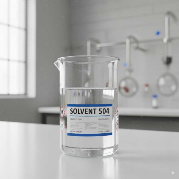 Colorless Solvent 504 liquid in a glass container