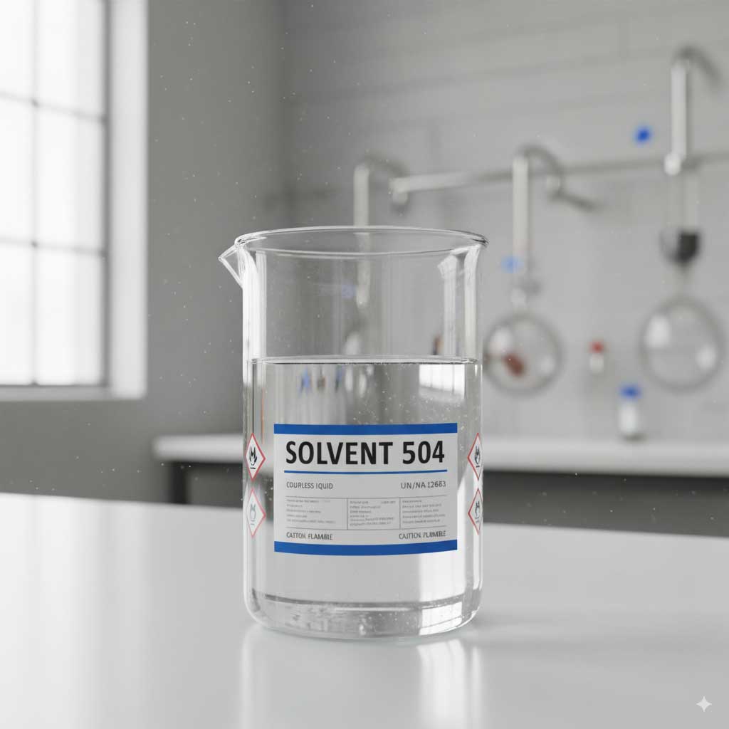 Colorless Solvent 504 liquid in a glass container