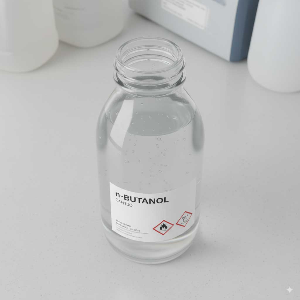 Colorless or slightly colored butanol liquid in glass container