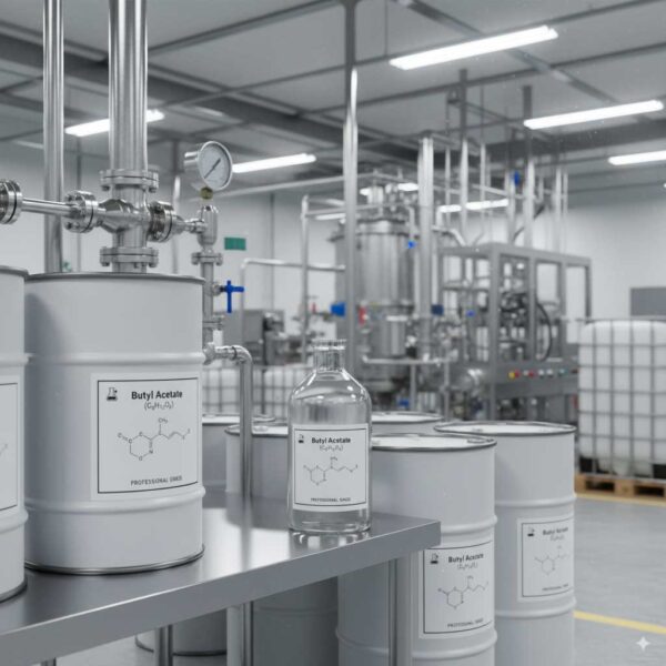 Industrial Context Butyl Acetate (C6H12O2) in industrial environment, labeled drum – application in paint and resin industries
