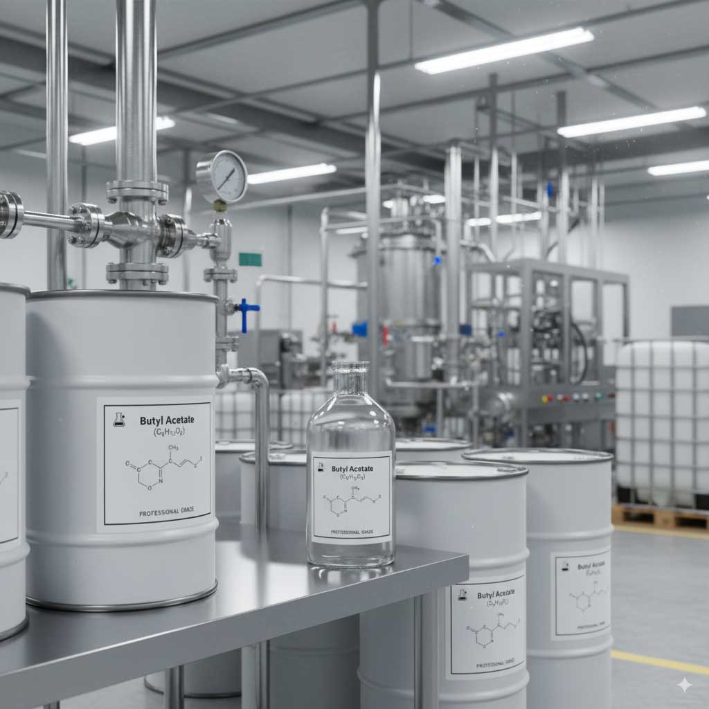 Industrial Context Butyl Acetate (C6H12O2) in industrial environment, labeled drum – application in paint and resin industries