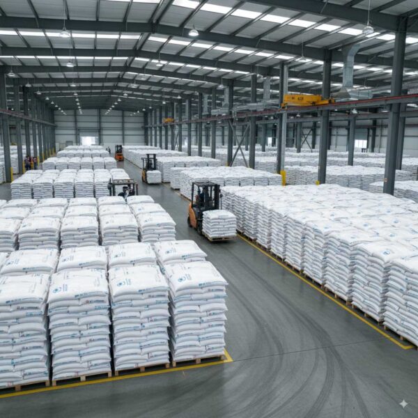 Industrial warehouse with Ammonium Sulfate fertilizer bags