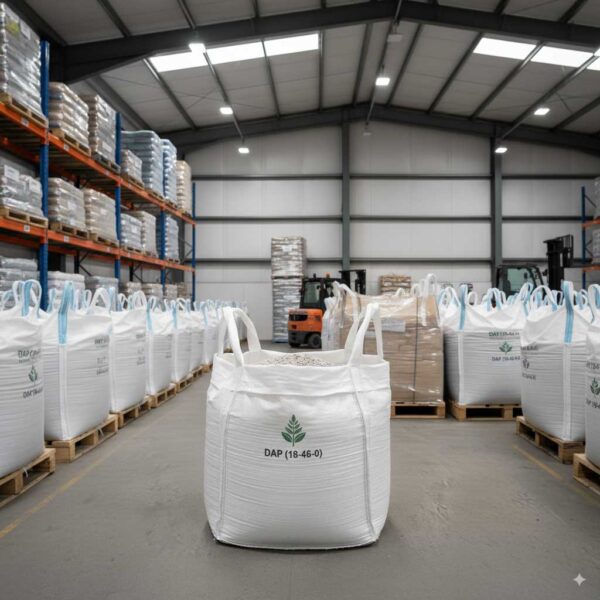 Industrial warehouse with Di Ammonium Phosphate fertilizer bags