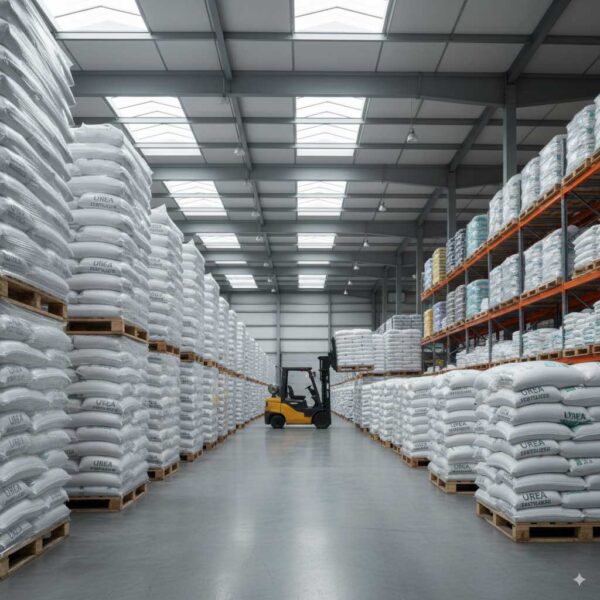 Industrial warehouse with Urea 46% fertilizer bags
