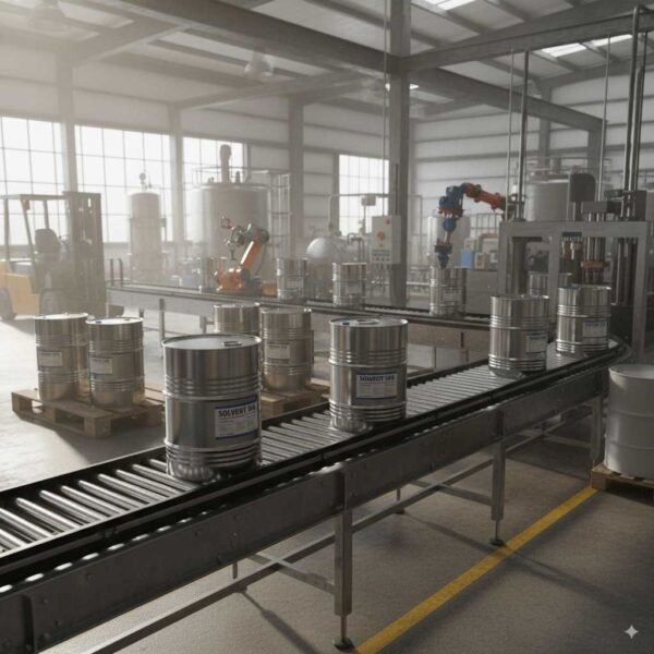 Paint and resin production line with industrial Solvent 504 drums