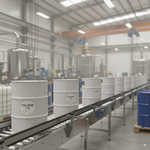 Production line of paints and resins with industrial toluene drums
