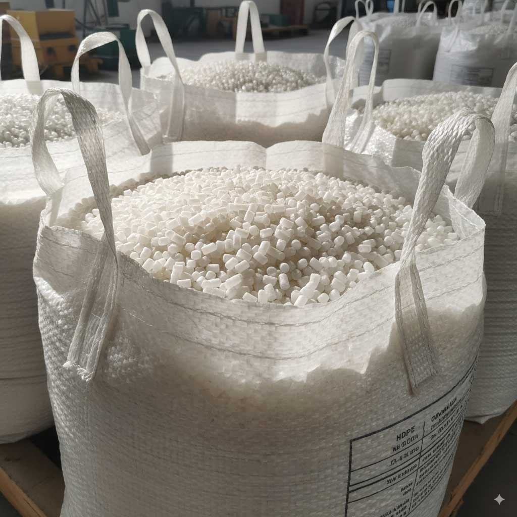 HDPE-pellets-یا-گرانول‌های-پلی‌اتیلن-با-چگالی-بالا-در-کیسه‌های-صنعتی،-با-جزئیات-دقیق-و-شفاف